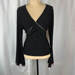 Giorgio Fiorlini Black Faux Wrap Top S/M Y2K Bell Sleeve Trim Blouse READ